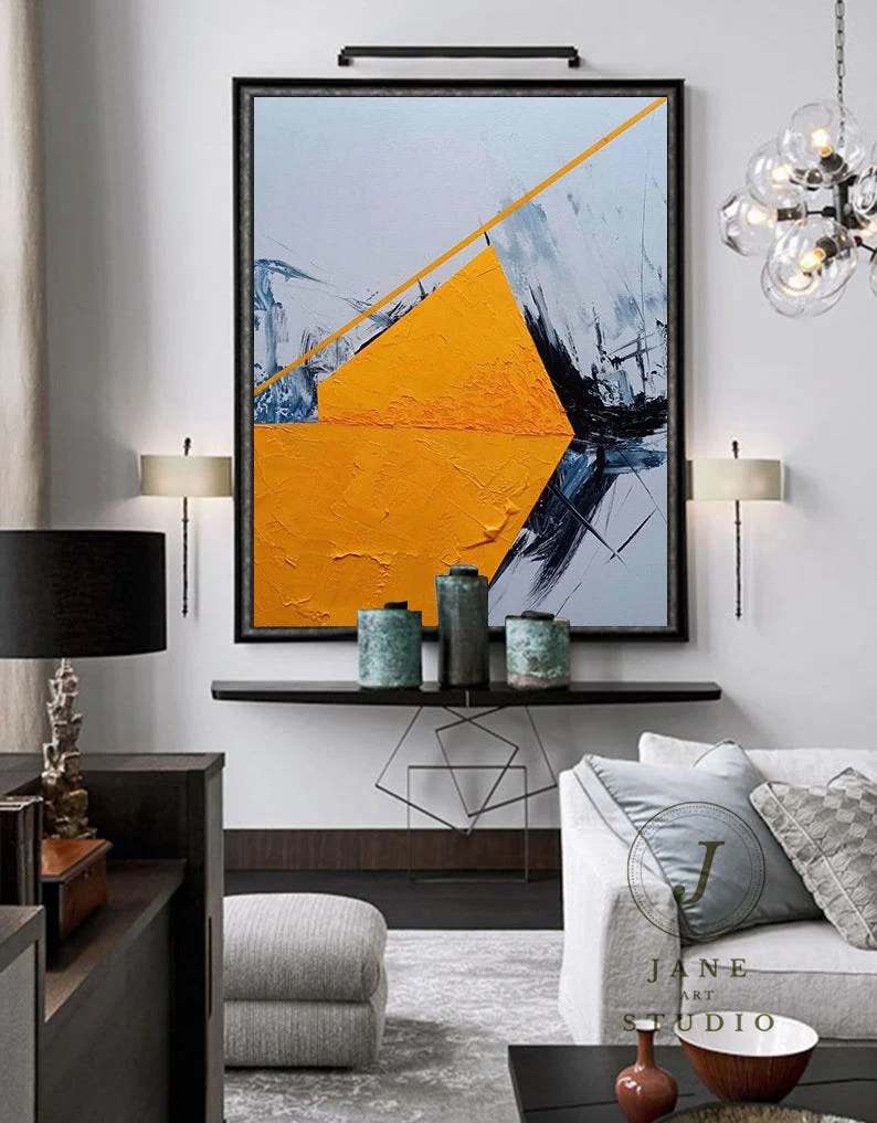 Black Original Hand-painted Hallway Yellow Living Abstract Canvas 15FUW